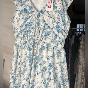 Charming Blue Floral COTTON Blevins v neck Dress XL Girls /XS women’s